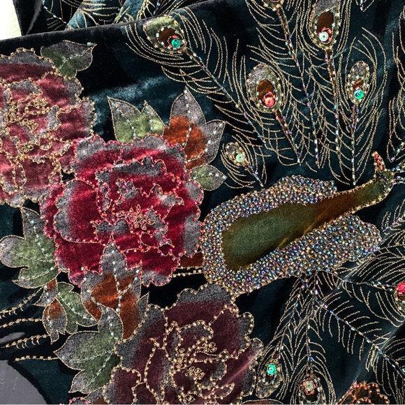 VINTAGE shawl cover up velvet beads embroidery peacock floral OS silk blend - Picture 10 of 16